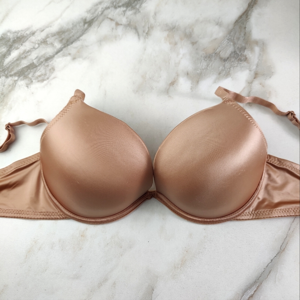 Vtg Y2k Bebe Nude/Tan Satin Logo Strap Push Up Bra, Sz 34c